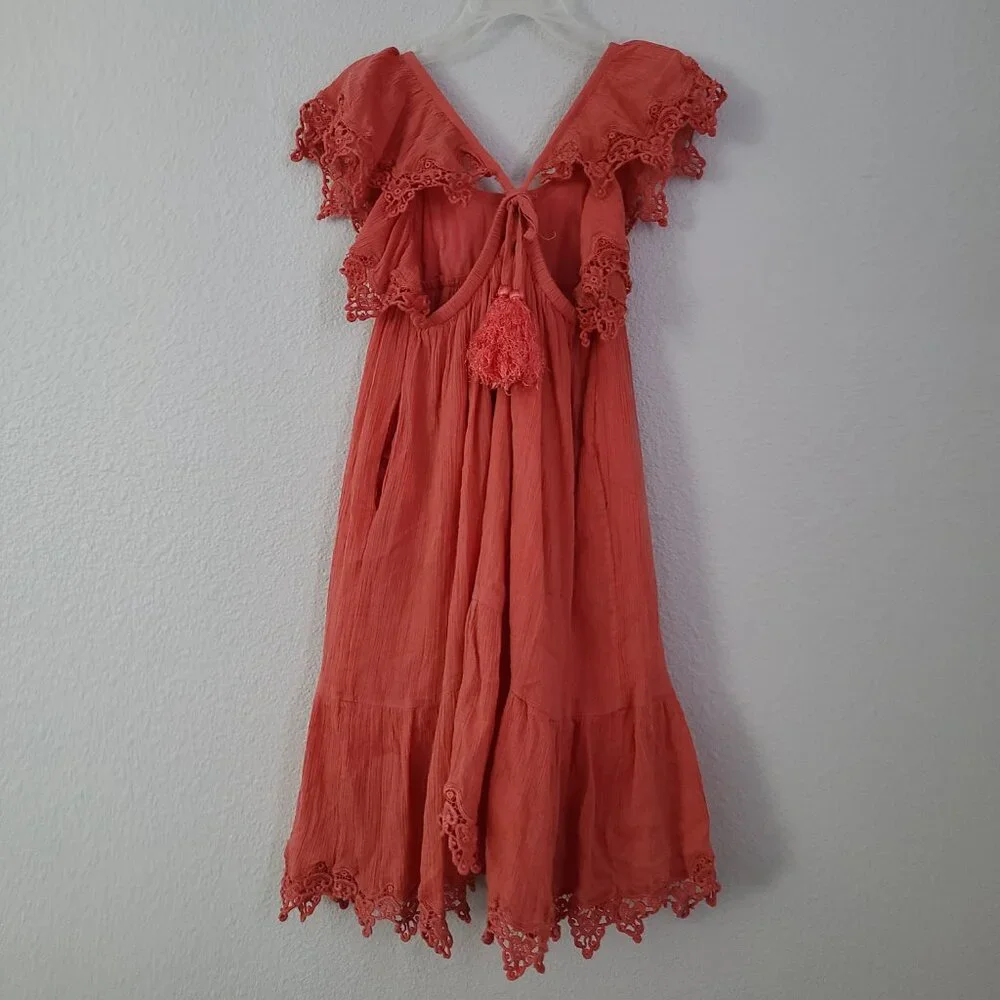 Peek Coral Eyelet Flutter Sleeve Dress - Girls Size Small (6–7)